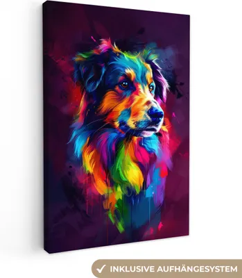 Produktbild von MuchoWow® - Leinwandbilder - Hund - Bunt - Tier - Tierkopf, Wandbild, Wanddeko Bilder Wohnzimmer, 60x90 cm