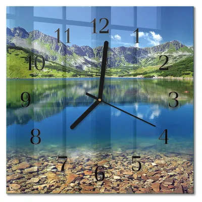 Immagine prodotto di Orologio da parete Tulup Glasuhr, orologio da cucina, vetro vero, 30x30 cm, design moderno e decorativo, silenzioso, con lancette nere - Motivo: lago di montagna