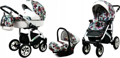 Produktbild von BabyLux® Tropical | 3in1 Kinderwagen Set | Chili Flowers | Kombikinderwagen | Kinderwagenset | B