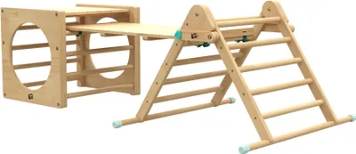Produktbild von Kletterwürfel mit Kletterdreieck und Rutsche MONTESSORI Braun