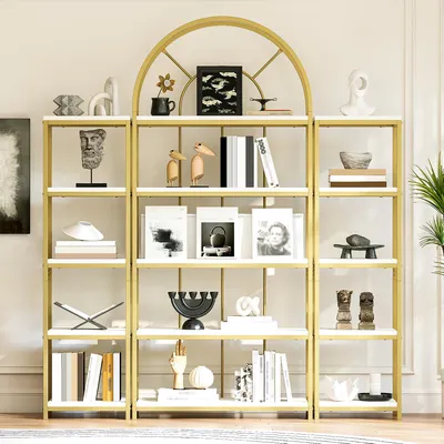 Produktbild von Merax Bücherregal Bogen-Design Standregal, 3-teiliges Regal mit Offenes Bücher, Goldrahmen Bücherregale  für Wohnzimmer, Büro, Gold