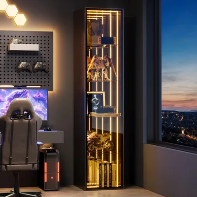 Produktbild von Merax Glasvitrine mit LED Beleuchtung, Aufbewahrungsschrank mit Aluminiumrahmen und 5 Ebenen, Hochschrank Vitrinen, H 160 cm,Schwarz
