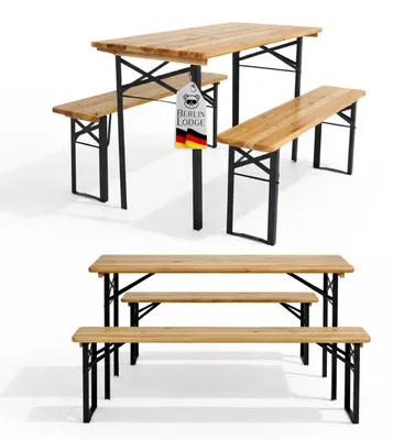 Produktbild von Bierzeltgarnitur WIESN klein 3-teilig klappbar | 1x Tisch & 2x Bierbank | HxBxT 78x116x55cm | Natur | lackiertes Holz | Festzeltgarnitur kurz Gartenmöbel-Set Kinder Sitzgarnitur Innen & Außenbereich
