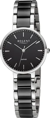 Produktbild von Regent Keramik Damen Uhr Armbanduhr Quarz silber schwarz Metallarmband D2URF1462