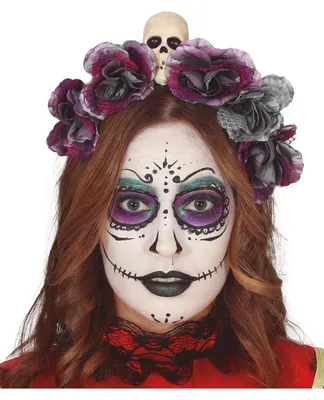 Produktbild von Tag der Toten Blumen Diadem mit Schädel als Kostümaccessoire