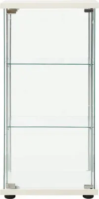 A white glass display cabinet with three shelves.