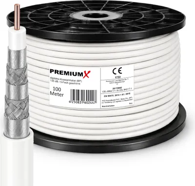 Produktbild von PremiumX 100m BASIC PRO Koaxial Kabel 135dB 5-Fach geschirmt, Stahl Kupfer SAT Antennenkabel