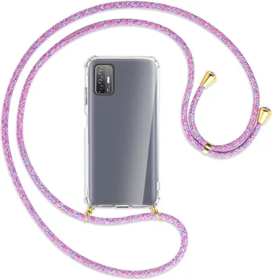 Produktbild von Handykette Backcover-Schutzhülle mit Band (Metall goldfarben) für HTC Desire 21 Pro - lila/rosa/blau