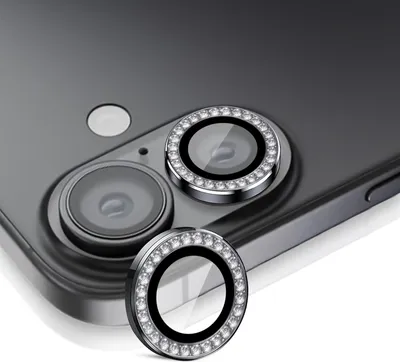Close-up of a smartphone camera lens protector set with decorative rhinestones.