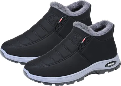 A pair of black winter sneakers with gray soles and faux fur lining, presented on a white background.