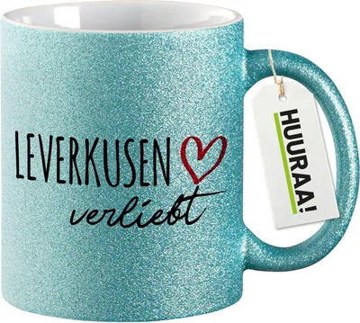 Produktbild von Huuraa Glitzertasse Leverkusen verliebt 330ml Blau Keramik Kaffeebecher Geschenkidee