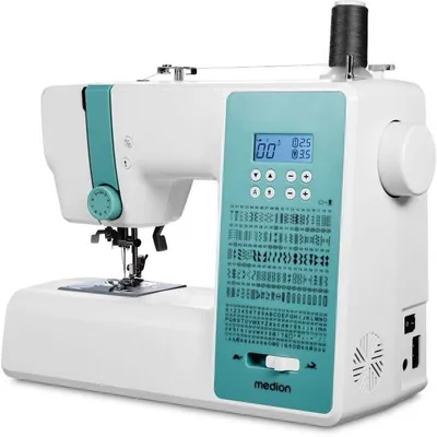 Obrázek produktu pro Digitální šicí stroj MEDION SD36 (36 W, nastavitelná délka a šířka stehu, 270 stehových vzorů, LED osvětlení šití, automatický navlékač, nožní pedál, tlačítko zpětného chodu, odstřih nitě, MD11881) tyrkysový