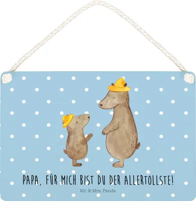 Produktbild von Mr. & Mrs. Panda Schild Bären mit Hut DIN A5 - Blau Pastell - Geschenk, Daddy, Muttertag, Familie, Holzschild, Türschild, holzbild, Wandschild, Vatertag, Kinder