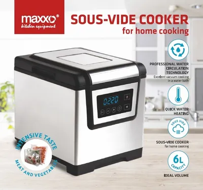A marketing image of a sous vide cooker with feature callouts.