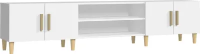 A white TV stand with wooden legs and handles against a white background.