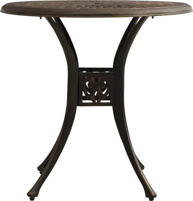 A bronze-colored garden table with an ornate design on a white background.
