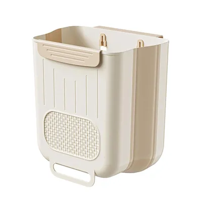 A hanging trash can with a handle and a textured panel.