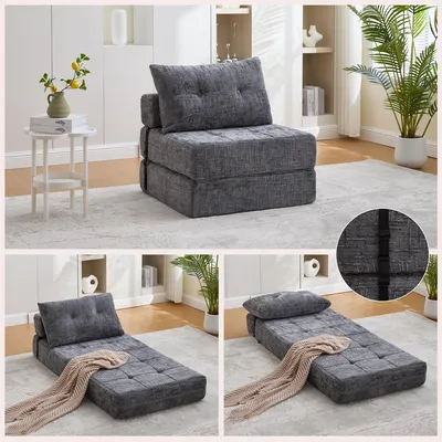 A collage of images showing a gray sofa bed in different configurations, with a small table and plant in the background of the top image.