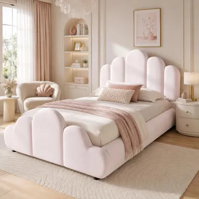 Produktbild von Flieks Polsterbett 90x200cm mit gepolstertem Kopfteil, Jugendbett Kinderbett mit Lattenrost, Einzelbett Holzbett mit Samt-Bezug, Rosa