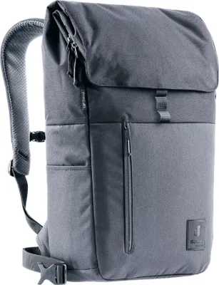 A grey Deuter backpack is shown from the side against a white background.