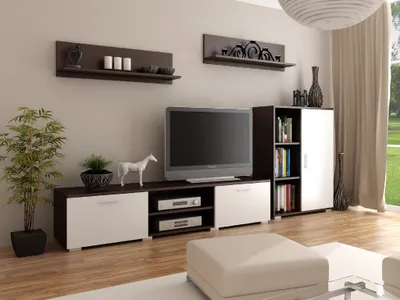 Produktbild von Wohnwand Szopen Per La Vita, Modern Schrankwand, Wohnzimmerschrank mit  Wandregal, Wenge-Weiß