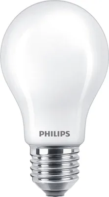 A close-up studio shot of a white Philips LED light bulb with a silver screw base.