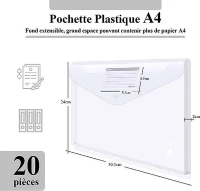 Image de Pochette pour documents A4, 20 pièces, 2 boutons, 11 trous de reliure, pochette pour étiquette, organiseur de papiers