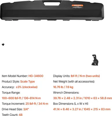 Produktbild von Click-Drehmomentschlüssel, 3/4 Zoll Antrieb, Drehmomentbereich 100-600 lbf-ft, Konstruktion aus legiertem Stahl, Orange