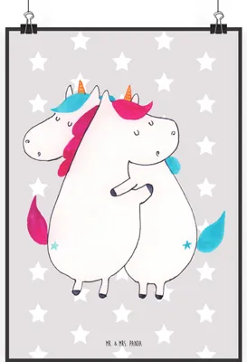 Produktbild von Mr. & Mrs. Panda Bild Einhörner Umarmen DIN A2 - Grau Pastell - Geschenk, Unicorn, kunstdruck poster, Einhorn, Wanddekoration, drucke, Wandbild, Schwestern, Liebe