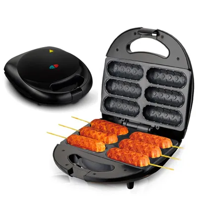 A black electric hotdog maker, shown open with hotdogs cooking inside, and closed in the background.