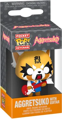 A Funko Pop! keychain of Aggretsuko with a guitar, displayed in its retail packaging.