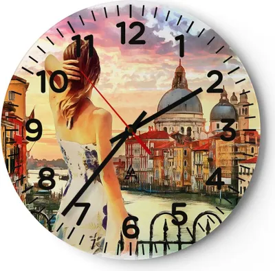 Produktbild von Wanduhr - Rund - Glasuhr - Venedig Brücke Wasser - 40x40cm - Schleichendes Uhrwerk - Lautlos - zum Aufhängen bereit - Dekoration Modern - Wanddekoration aus Glas - C4AR40x40-3495