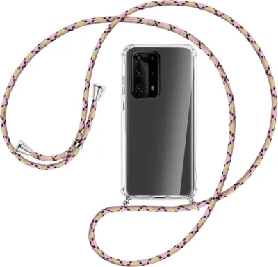 Produktbild von Handykette Backcover-Schutzhülle mit Band (Metall silberfarben) für Huawei P40 Pro Plus - rosa Karo
