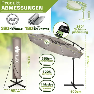 Immagine prodotto di tillvex Ombrellone a braccio articolato in alluminio Cappuccino LED solare Ø 350 cm con manovella | Ombrellone con interruttore on/off | Ombrellone da giardino in alluminio con protezione UV | Ombrellone a manovella con base, ombrellone da mercato impermeabile