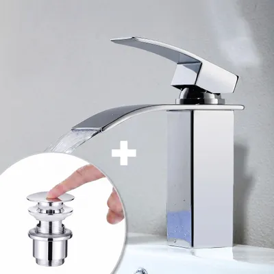 Produktbild von Wasserhahn Bad wasserfall Armatur aus Messing+Universal Ablaufgarnitur Chrom Pop-Up Ventil 1 1/4 Zoll Waschtischarmatur Einhandmischer Waschbecken