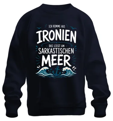 Immagine prodotto di Maglietta con cappuccio, stile "Ironia, sarcasmo, mare", scritta sarcastica, colore blu navy, taglia L