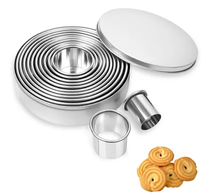 Immagine prodotto di Stampi per biscotti rotondi in acciaio inossidabile, set da 12 pezzi, dimensioni da 3 cm a 12 cm, con scatola di conservazione
