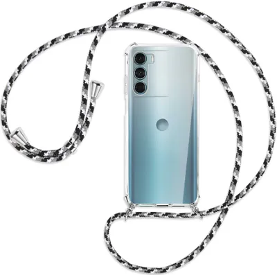 Produktbild von Handykette Backcover-Schutzhülle mit Band (Metall silberfarben) für Motorola Moto G200 5G - schwarz/grau/weiß