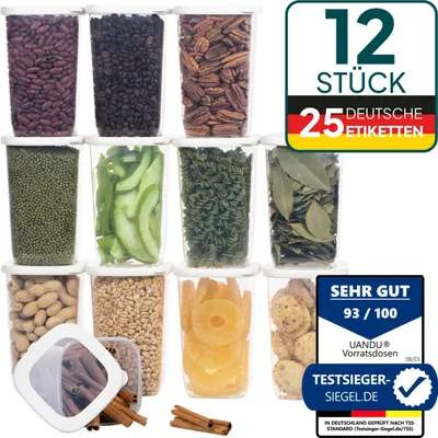 Produktbild von uandu Vorratsdosen, 12x1200ml, für Mehl, Weiß, Luftdicht, BPA-frei, Kunststoff, Spülmaschinengeeignet