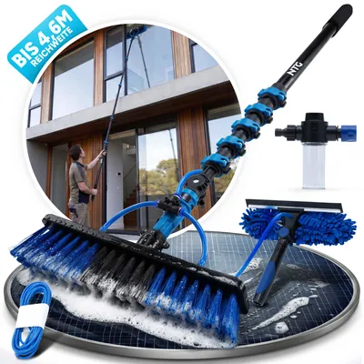 Produktbild von Teleskop Waschbürste bis zu 7m 3-in-1 Bürstenkopf | Abzieher + Wasseranschluss | Innovation mit Zugventil 4,6 Meter