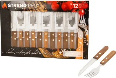 A product box containing a set of steak cutlery, with two individual pieces of cutlery shown to the right of the box.