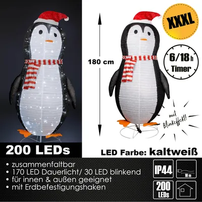 Produktbild von XXXL LED Weihnachtsfigur 180 cm Pinguin Figur beleuchtet Weihnachtsdeko Timer