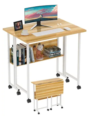 Produktbild von Klappbarer Schreibtisch - Laptoptisch mit Monitorständer - Für kleine Räume - Mit Rollen - Metallrahmen - Rechteckig - Holzoptik