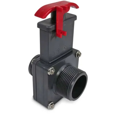 A close-up studio shot of a plastic valve with a red handle.