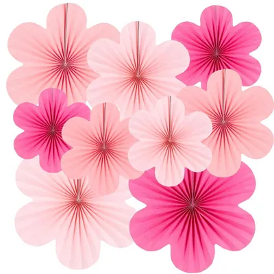 Productafbeelding van 9 papieren waaierdecoraties, roze bloemen, geschikt om op te hangen, feestdecoratieset, bruiloftdecoratie, verjaardagsdecoratie, tafeldecoratie, babyshower, lente, zomer