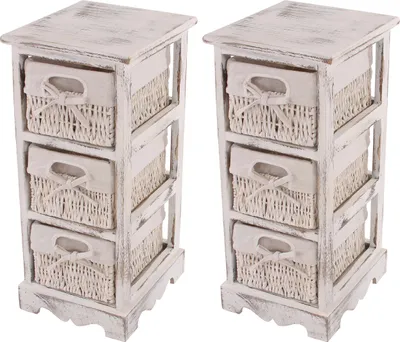 Produktbild von 2xRegal Kommode mit 3 Korbschubladen 58x25x28cm, Shabby-Look, Vintage weiß