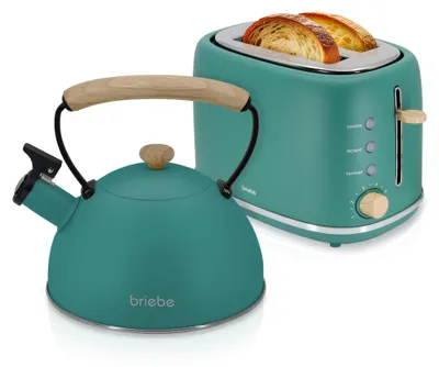 A teal kettle and toaster set with wood accents, displayed on a white background.
