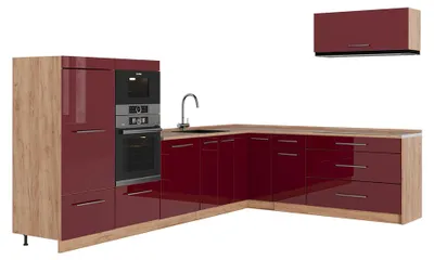 Produktbild von Eckküche Vicco Fame-Line Bordeaux Hochglanz/Goldkraft Eiche 327 x 227 cm, AP Eiche, Model 64401