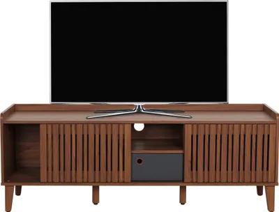 Zdjęcie produktu dla Regał TV HWC-M48, niska szafka TV, drzwi przesuwne 56x150x40cm ~ orzechowy wygląd, ciemnoszara szuflada