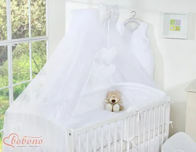 Immagine prodotto di Grande zanzariera in chiffon per lettino con cuori pendenti e fiocco - bianco